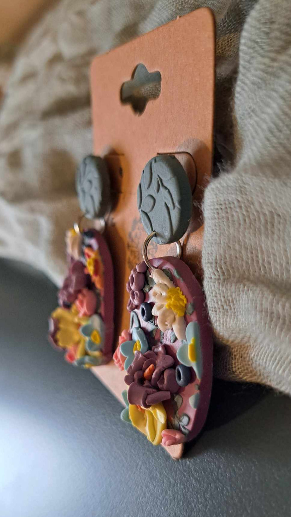 Handmade Oblong Flower Dangles Polymer Clay Earrings (A)