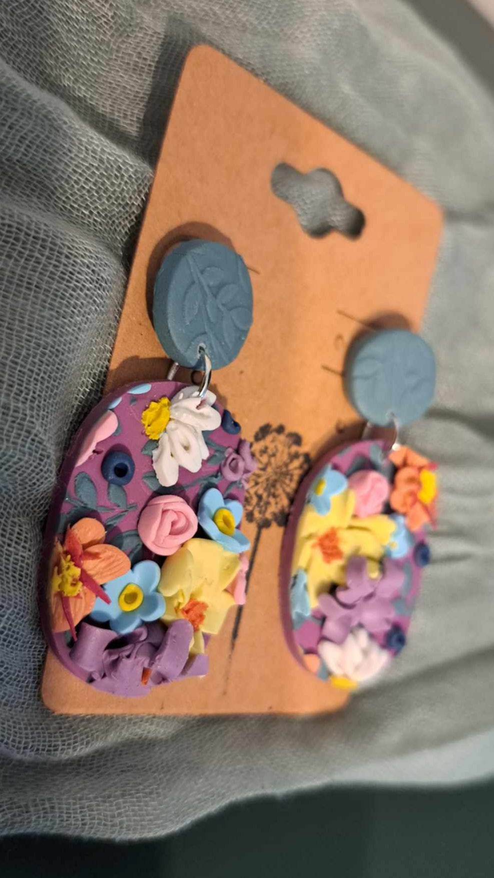 Handmade Oblong Flower Dangles Polymer Clay Earrings (A)