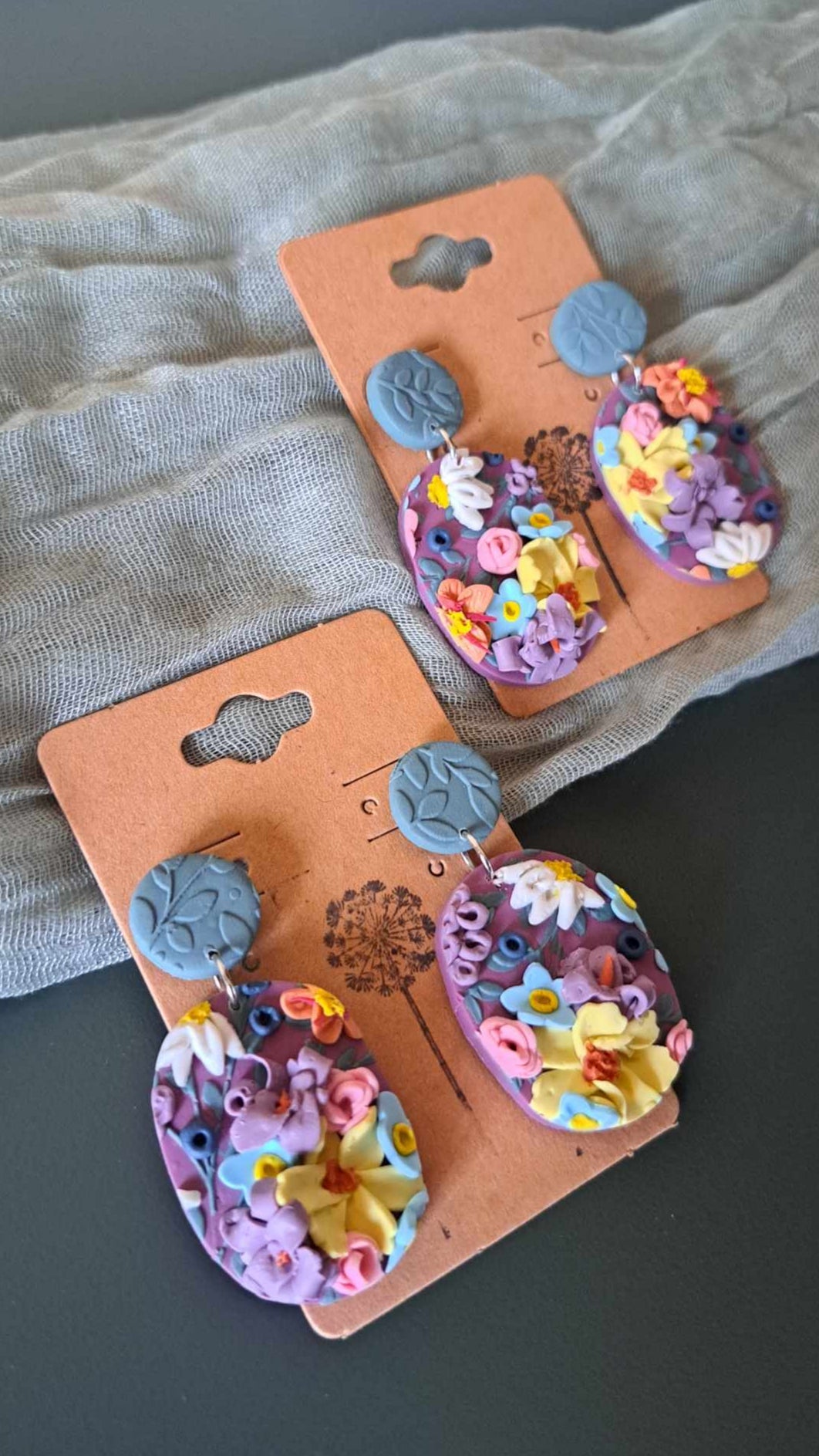 Handmade Oblong Flower Dangles Polymer Clay Earrings (A)