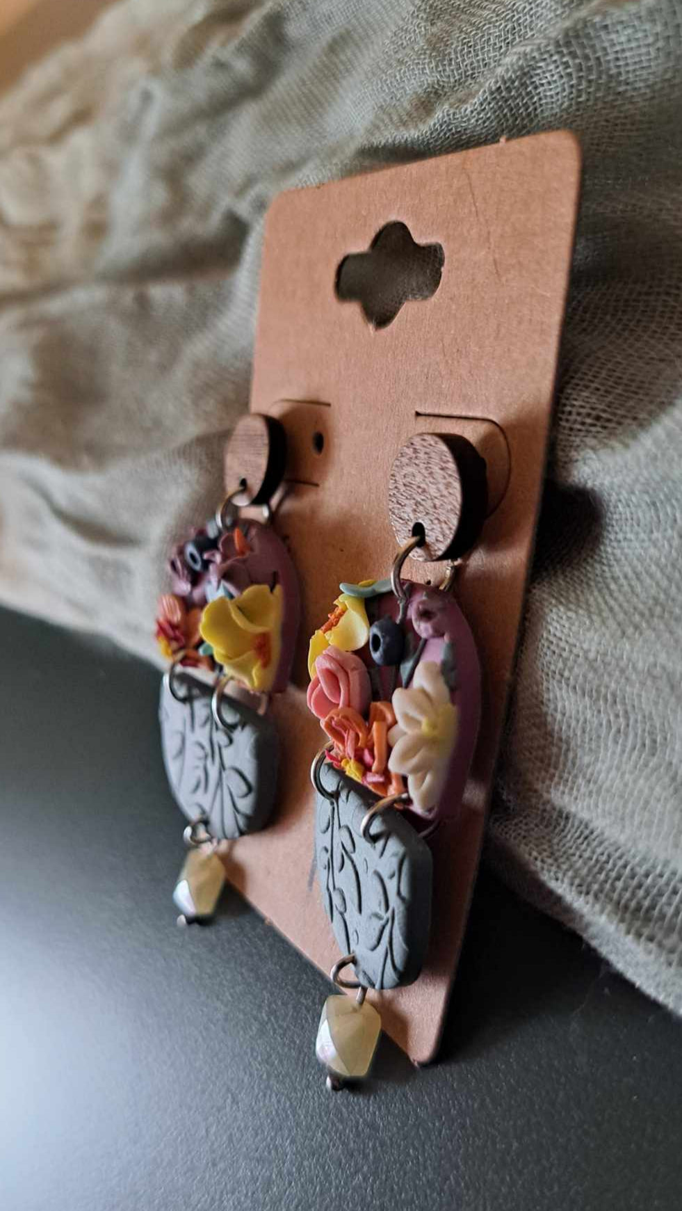 Handmade Oblong Flower Dangles Polymer Clay Earrings (B)