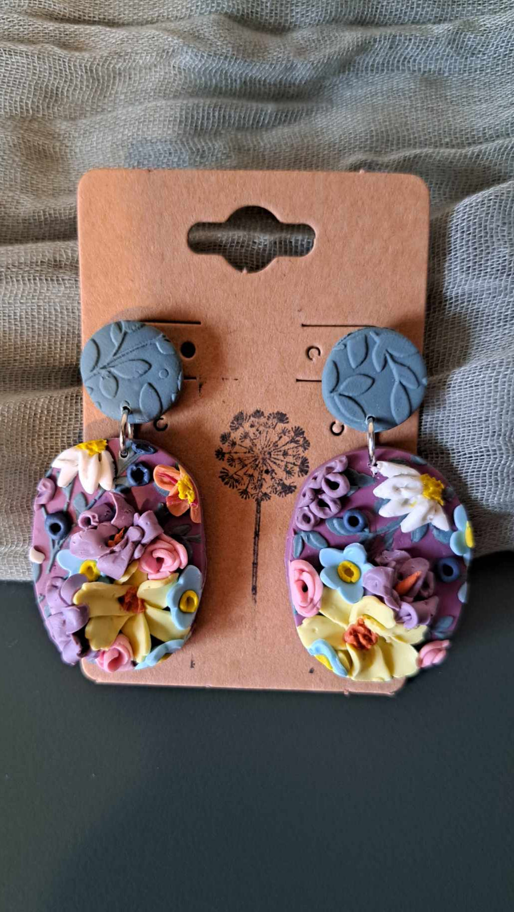 Handmade Oblong Flower Dangles Polymer Clay Earrings (A)