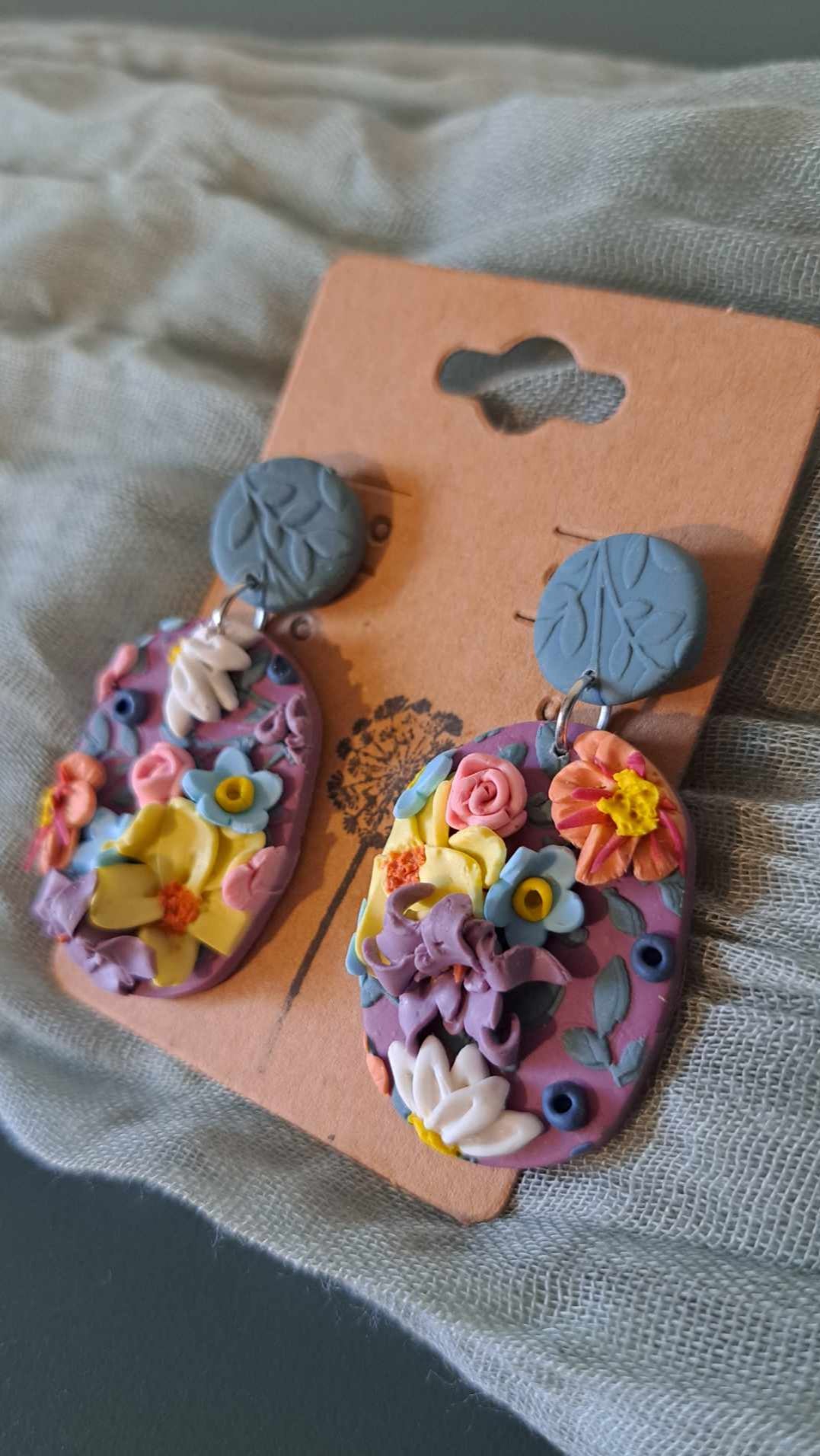 Handmade Oblong Flower Dangles Polymer Clay Earrings (A)