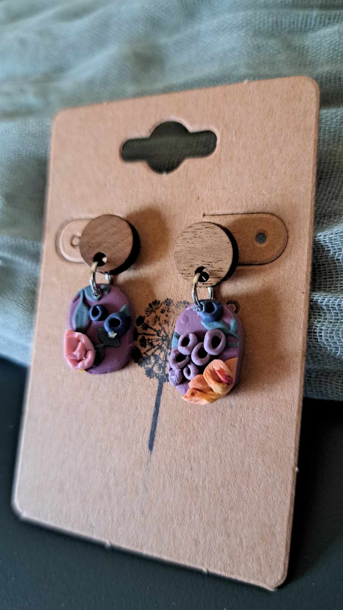 Handmade Small Oblong Flower Dangles Polymer Clay Earrings (F)