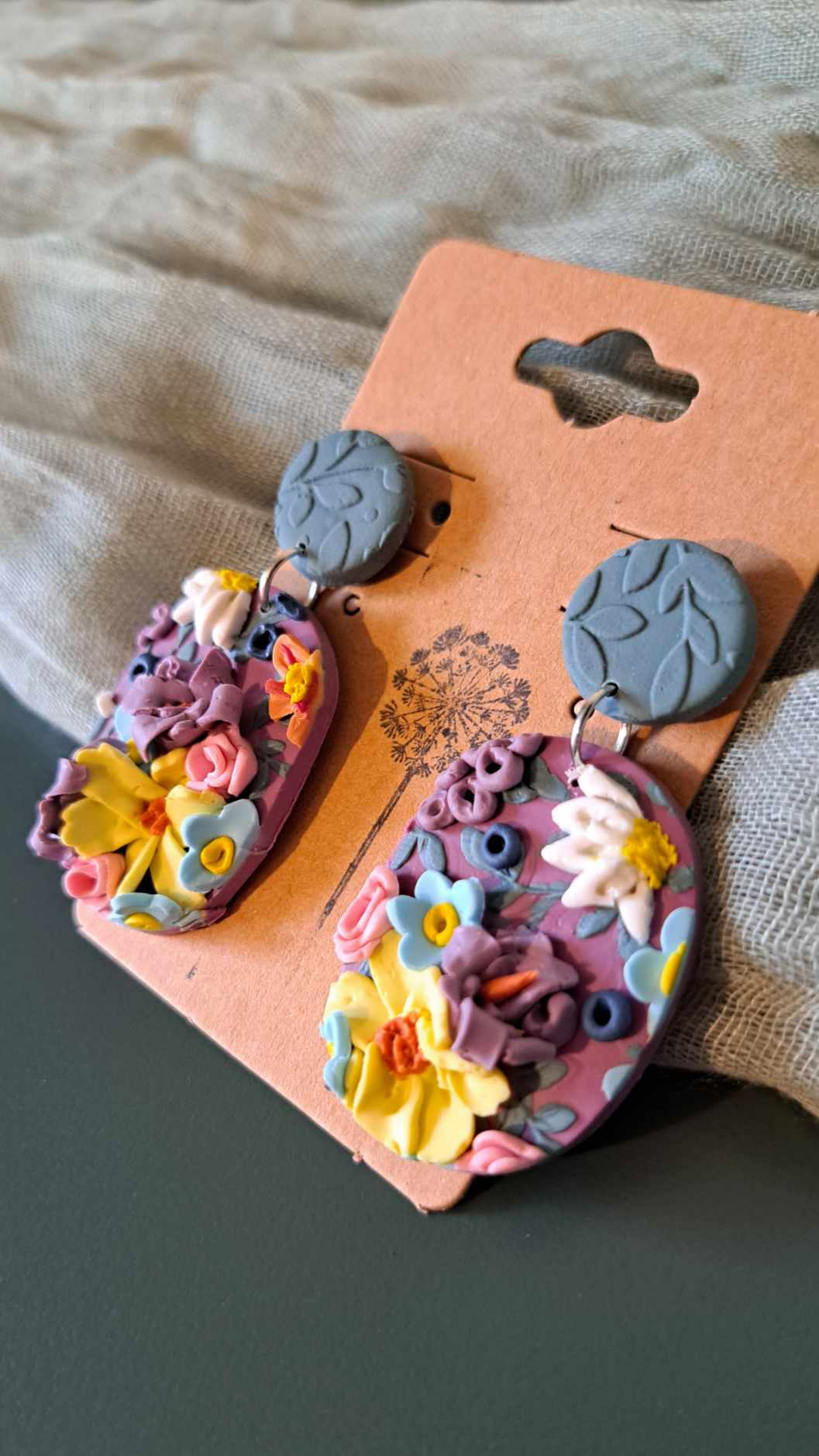 Handmade Oblong Flower Dangles Polymer Clay Earrings (A)