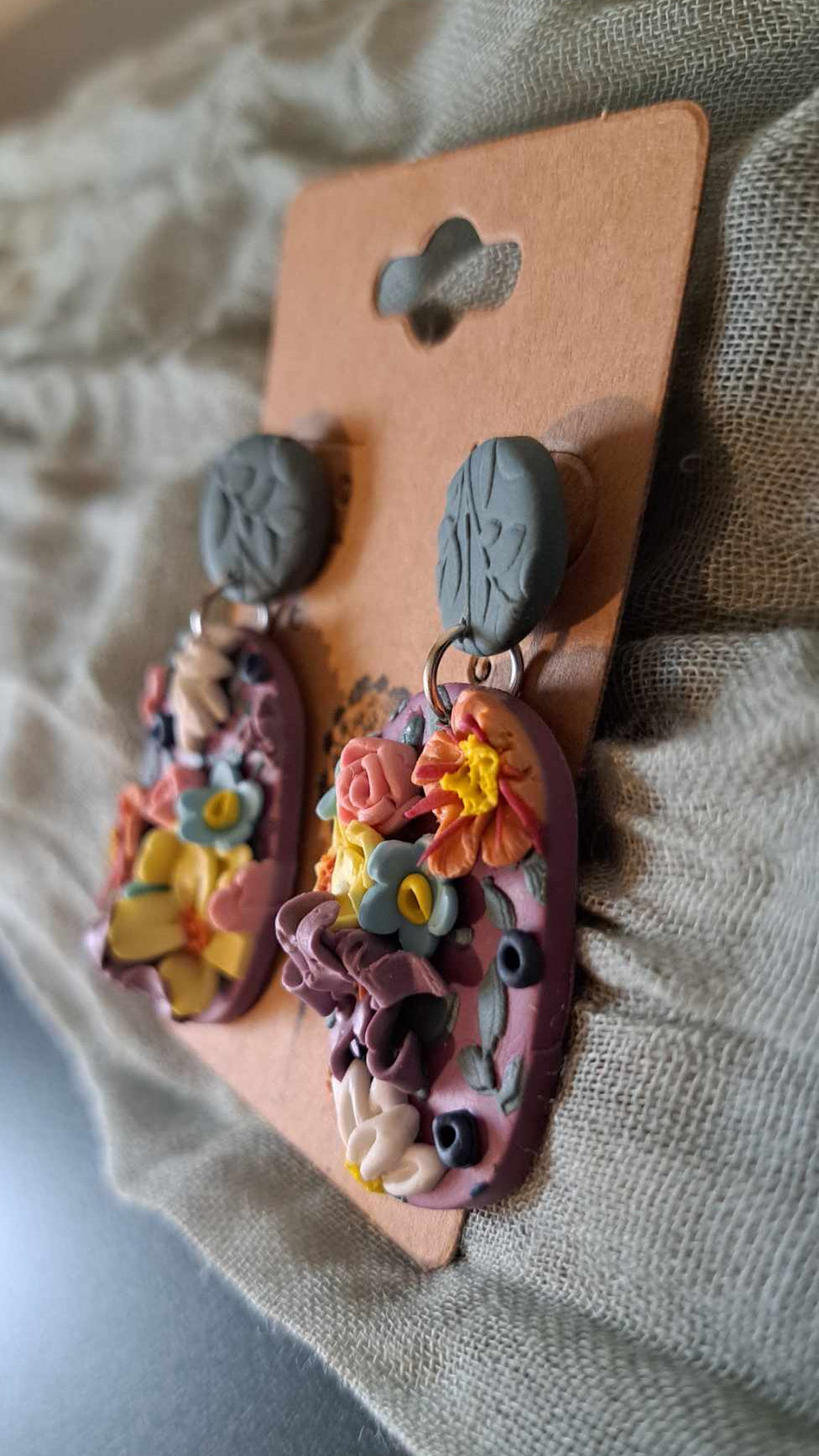 Handmade Oblong Flower Dangles Polymer Clay Earrings (A)