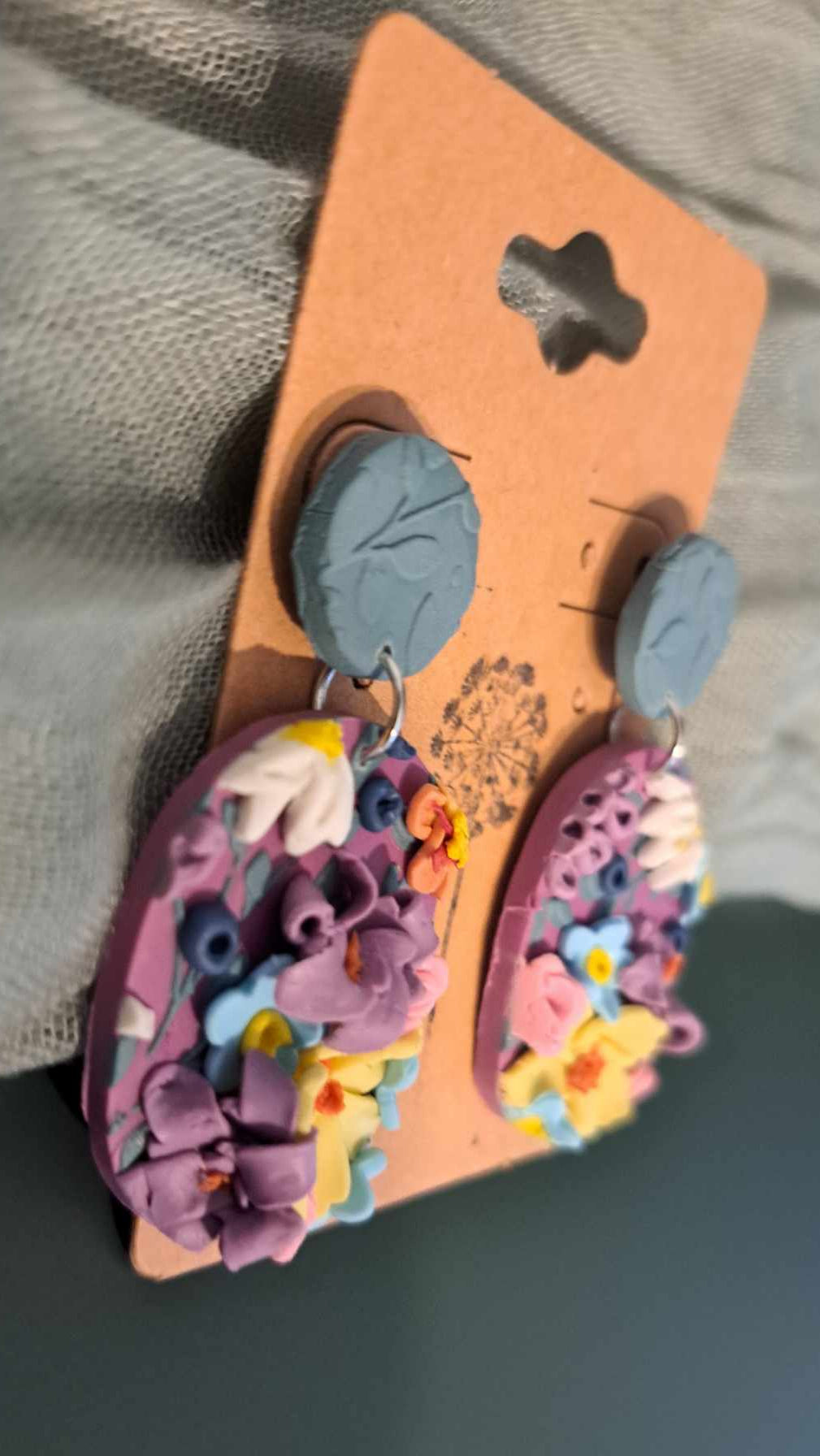 Handmade Oblong Flower Dangles Polymer Clay Earrings (A)