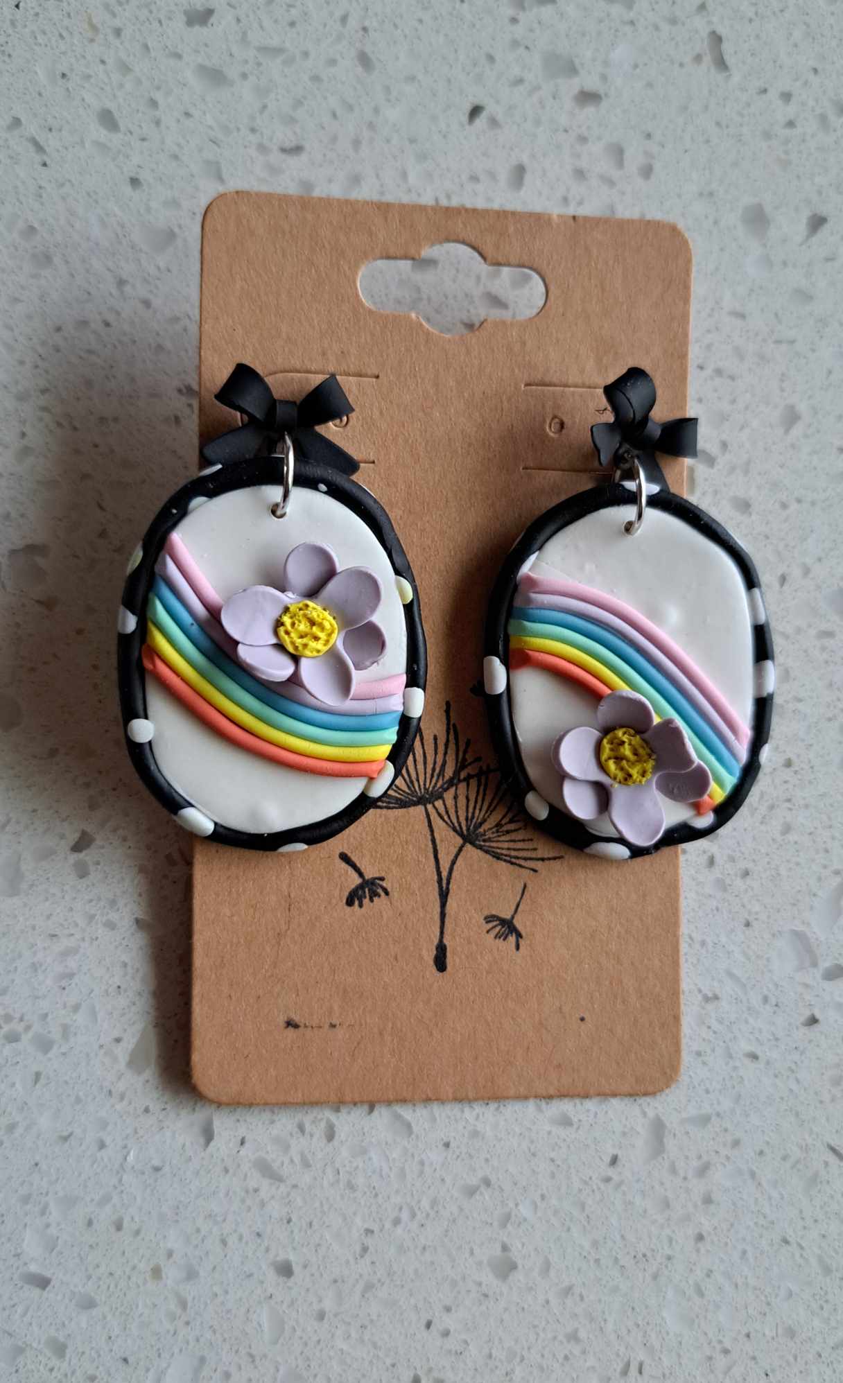 Handmade Oblong Rainbow Polka Dot Dangles Polymer Clay Earrings (A)
