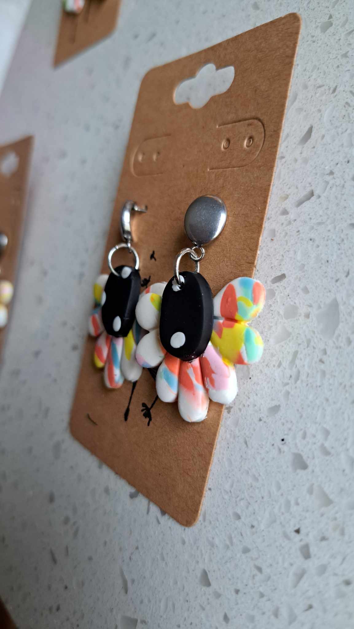 Handmade Droopy Rainbow Polka Dot Dangles Polymer Clay Earrings (D)