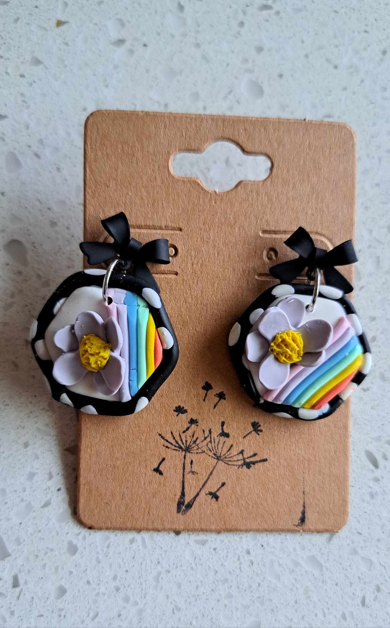Handmade Hexagon Rainbow Polka Dot Dangles Polymer Clay Earrings (B)