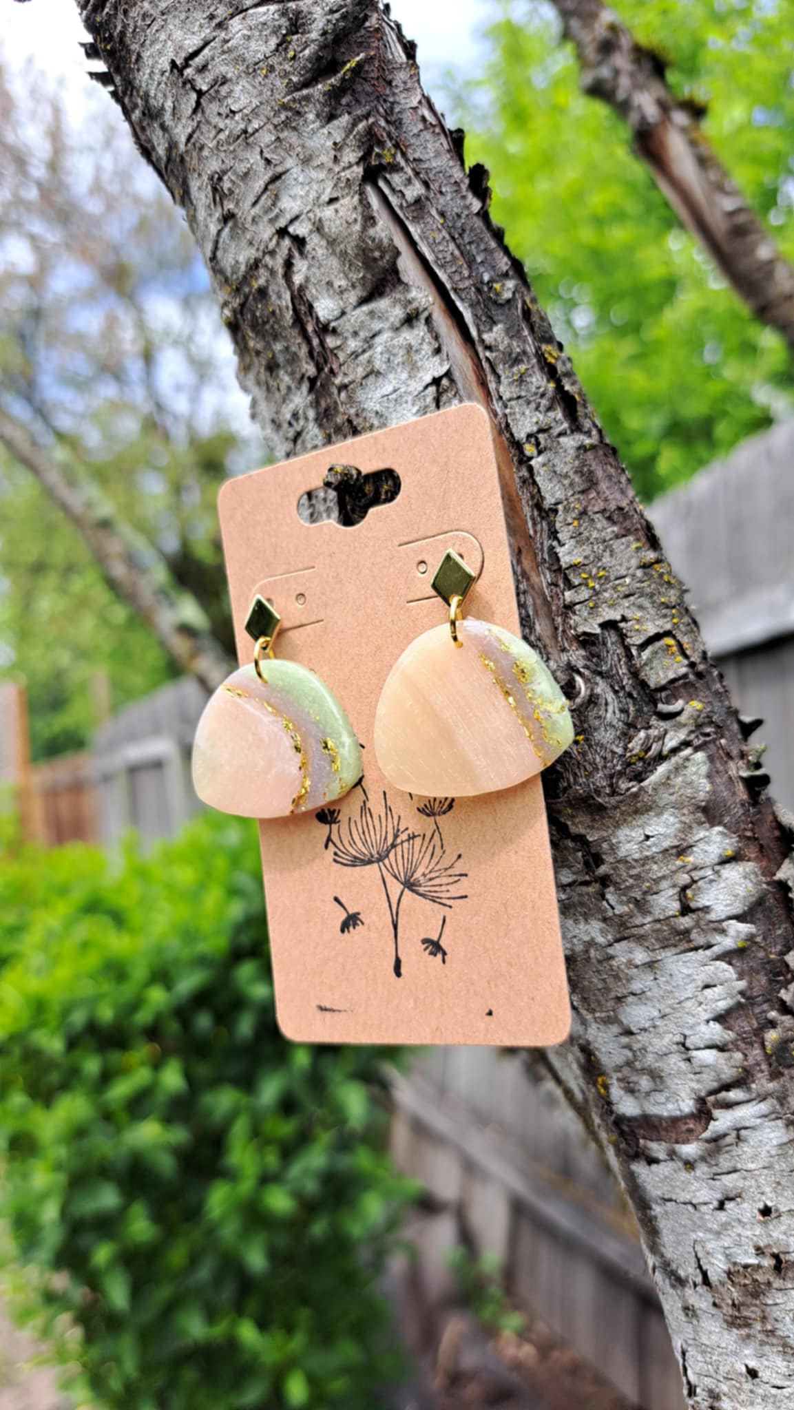 Curvilinear Triangle Agate Effect Polymer Clay Dangle Earrings (C)