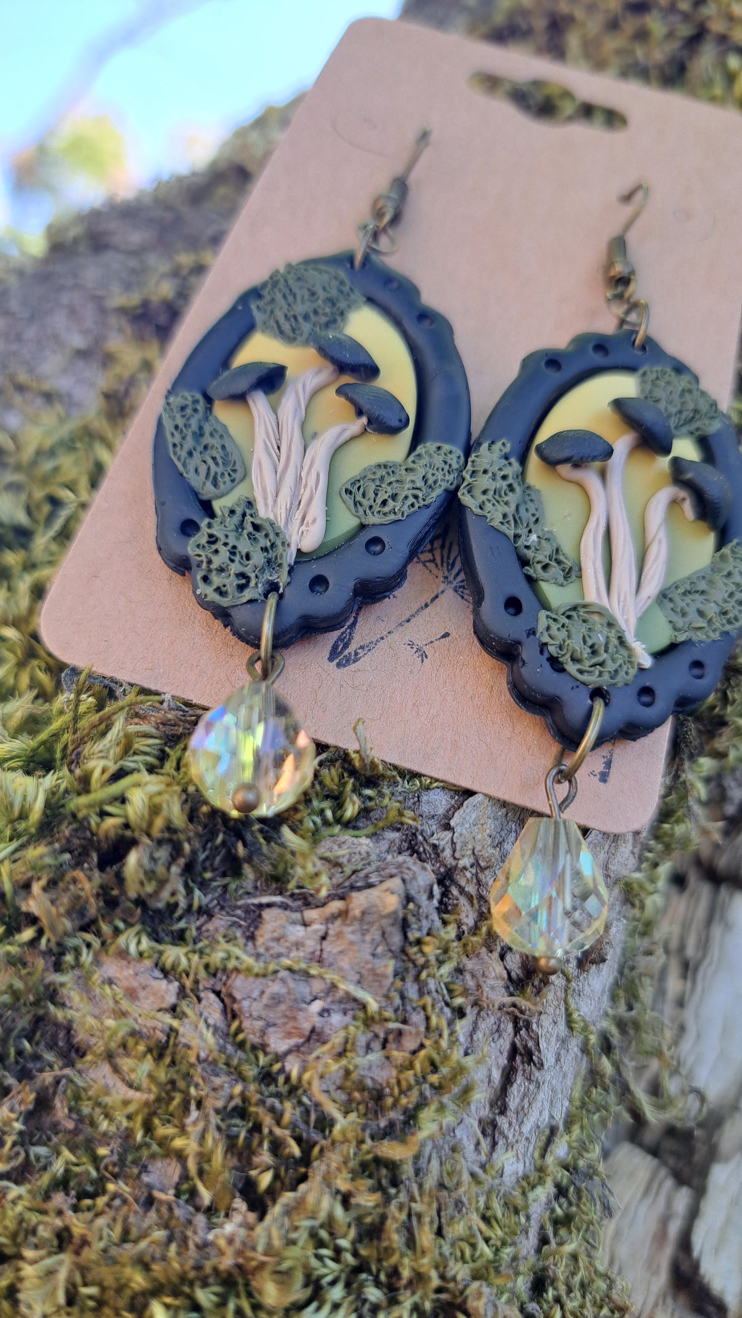 Handmade "Dark Mossy Mushroom" Polymer Dangle Earrings