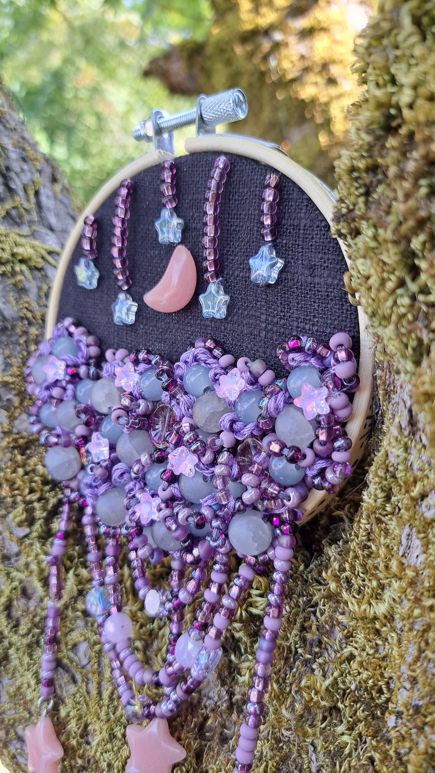 Handcrafted "Moon & Stars" 4 in Beaded Wall Hanger
