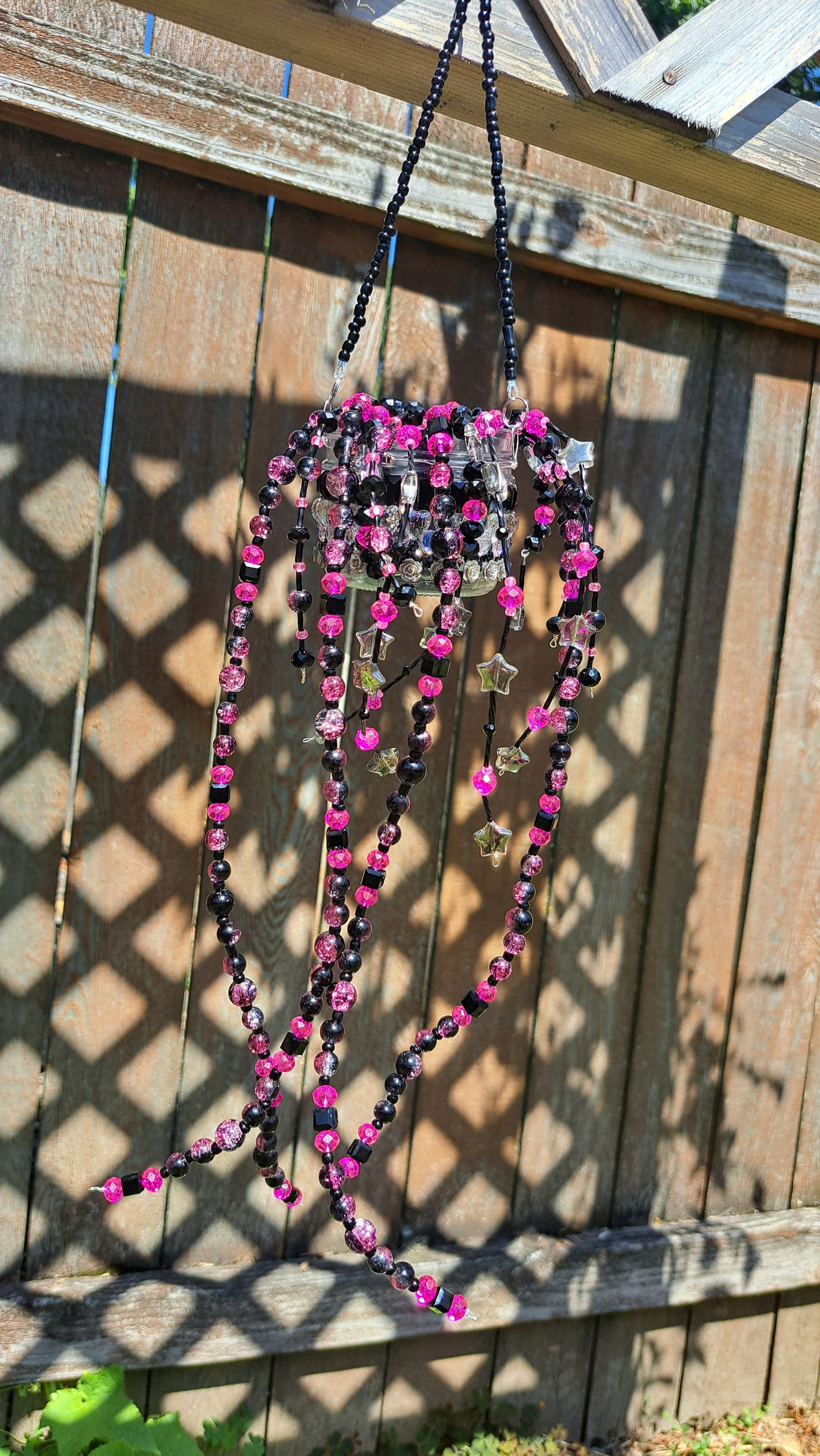 Handcrafted Black/Hot Pink Beaded Plant Hanger