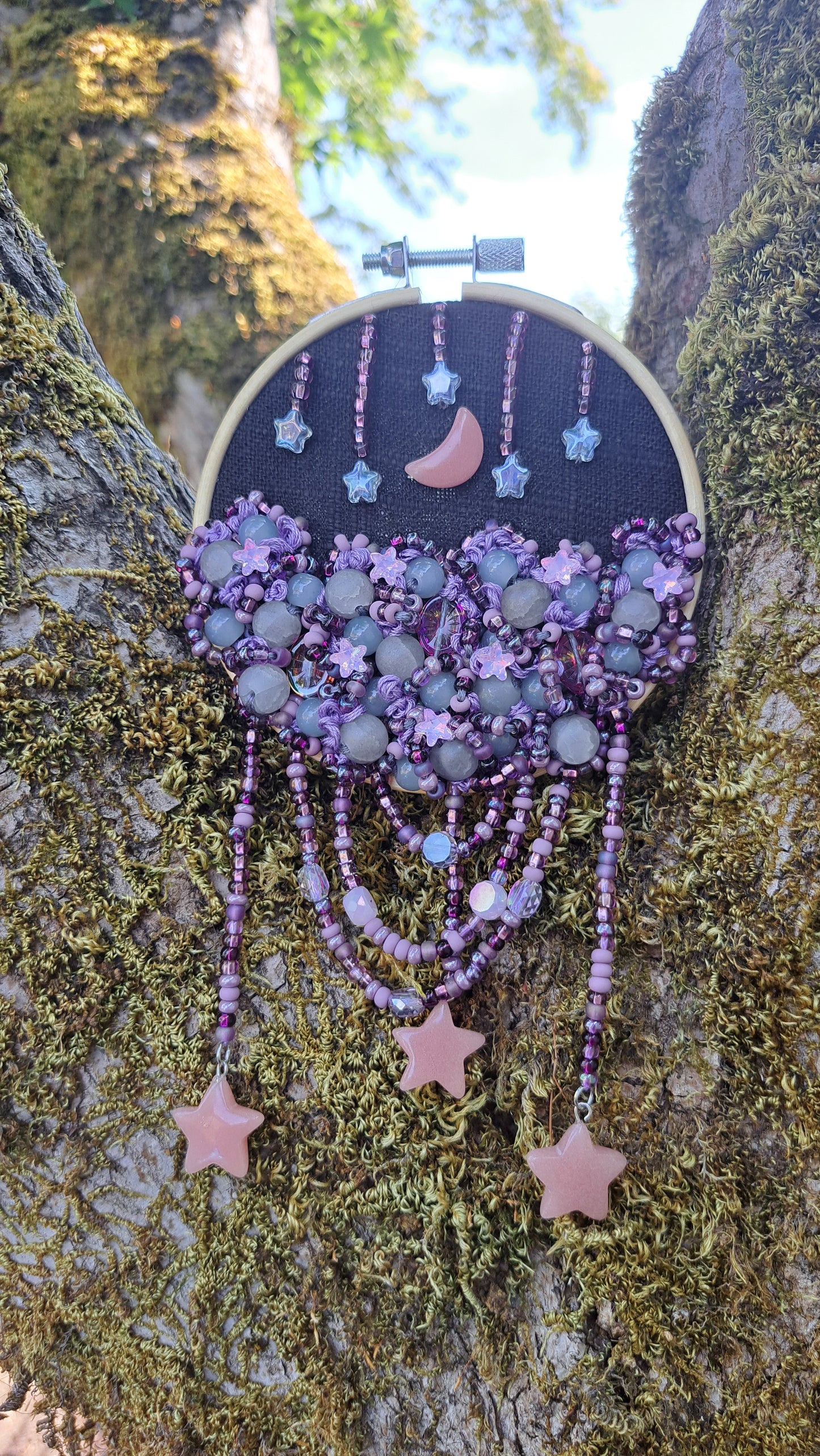 Handcrafted "Moon & Stars" 4 in Beaded Wall Hanger