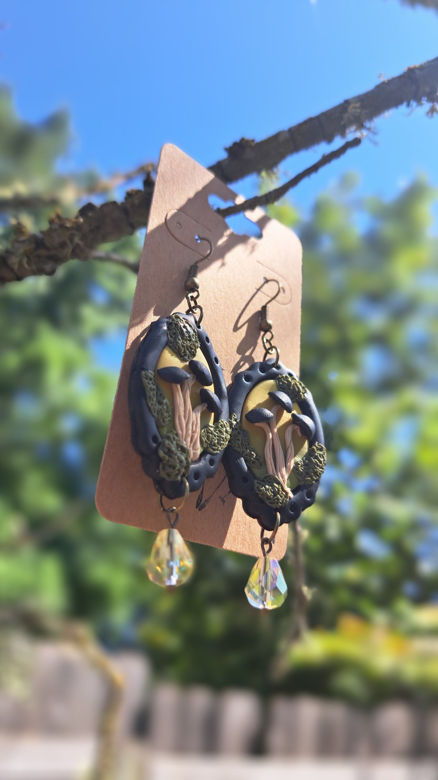 Handmade "Dark Mossy Mushroom" Polymer Dangle Earrings