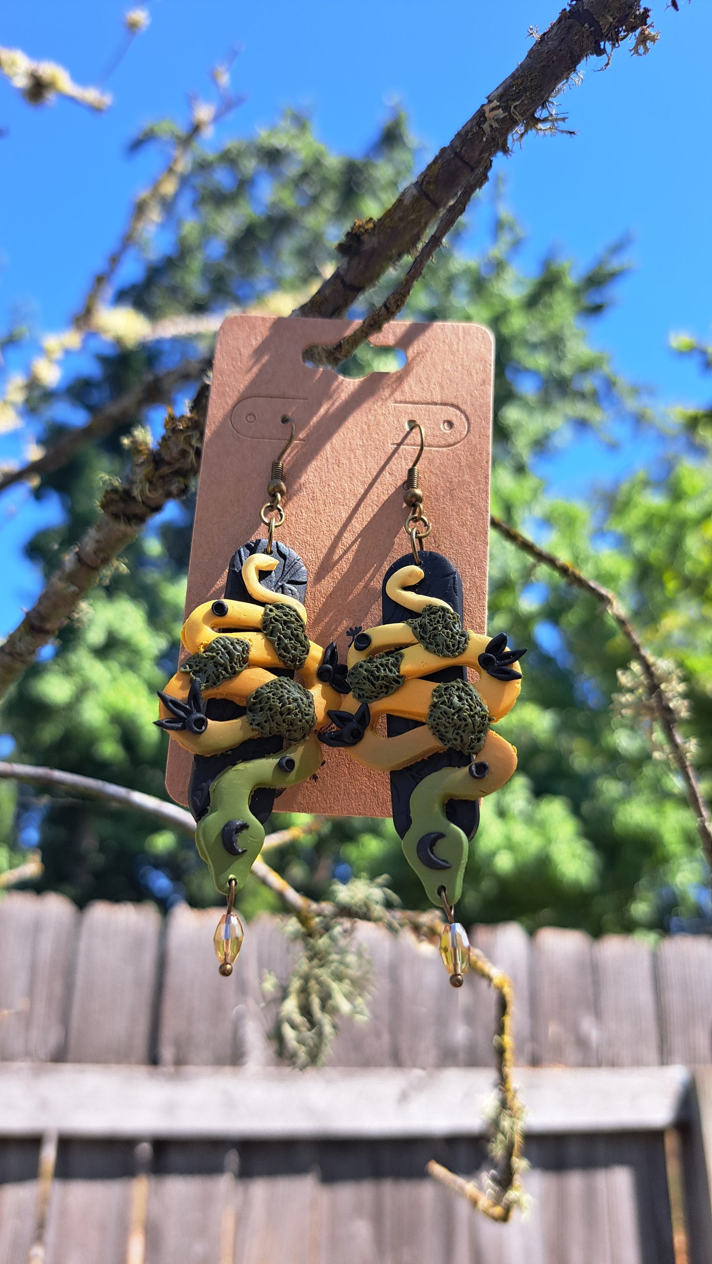 Handmade "Mossy Cresent Snake" Polymer Clay Dangle Earrings