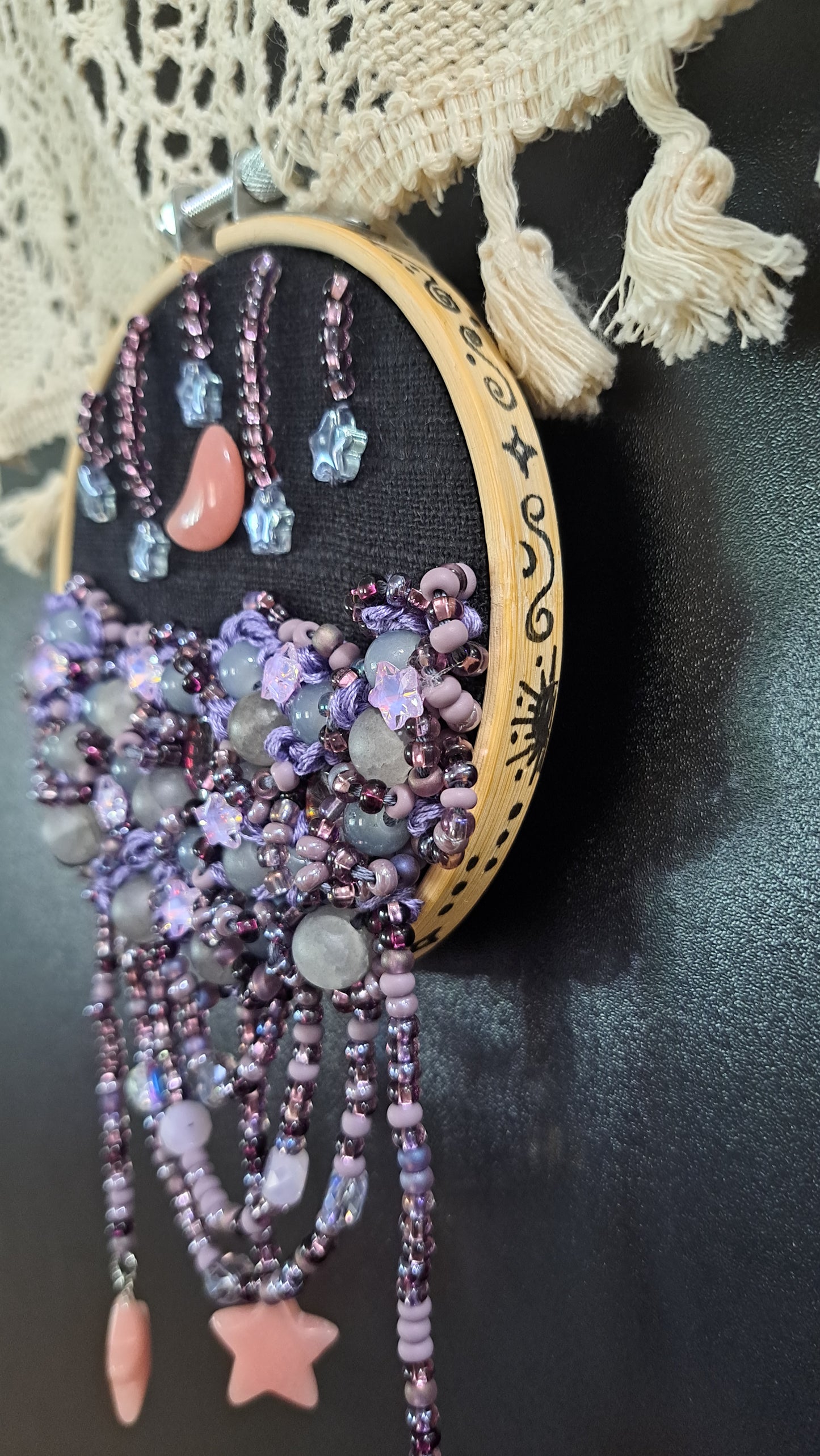 Handcrafted "Moon & Stars" 4 in Beaded Wall Hanger