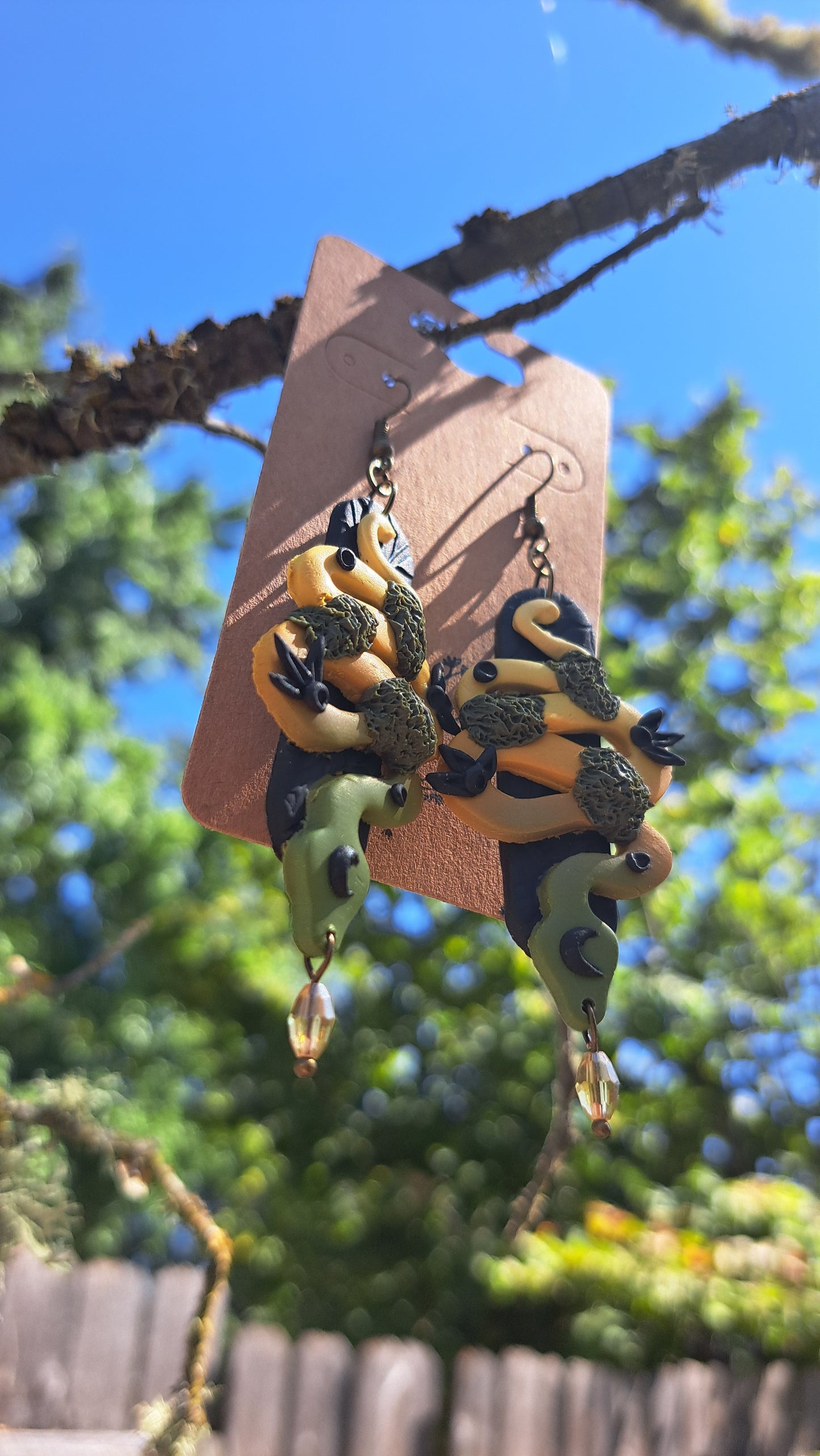 Handmade "Mossy Cresent Snake" Polymer Clay Dangle Earrings