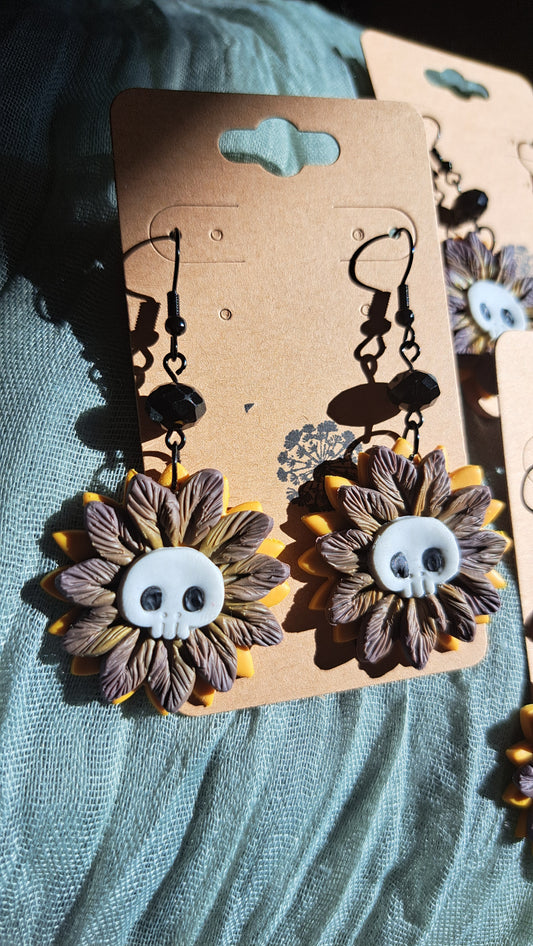 Handmade Polymer Clay "Skull Flowers" Dangle Earrings