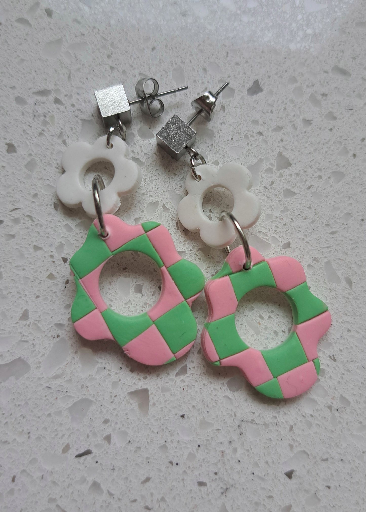 Handmade Polymer Clay Checkered Dangle Earrings