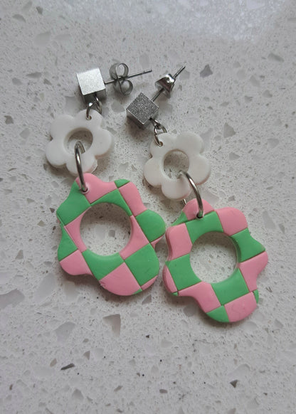 Handmade Polymer Clay Checkered Dangle Earrings
