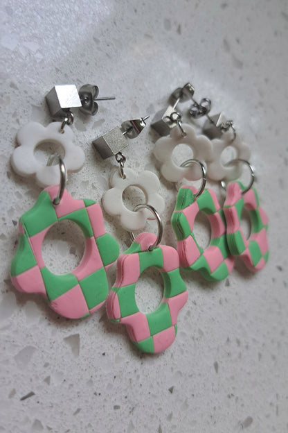 Handmade Polymer Clay Checkered Dangle Earrings