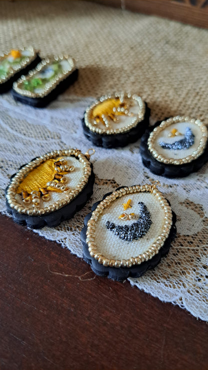 Handmade Celestial Sun & Moon Embroidery Dangle Earrings