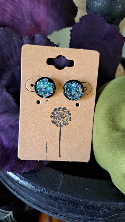 Round Bezel Style Gravel "Teal Bubbles" Earrings