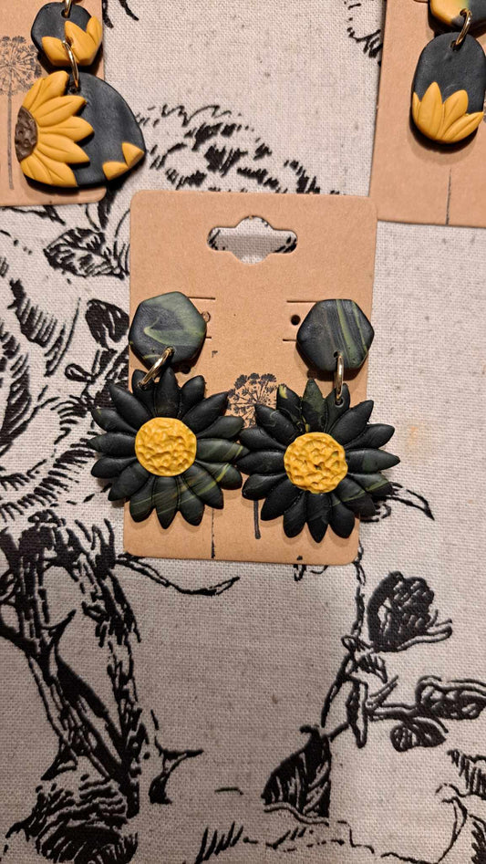 "Black Sunflower" Polymer Clay Dangle Earrings