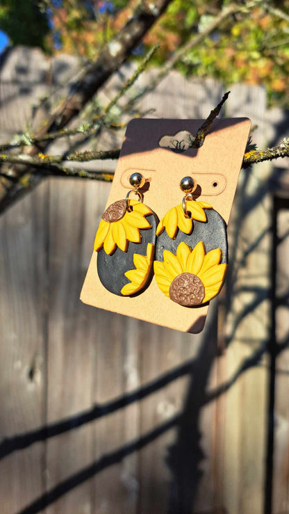 Sunflower Oblong Polymer Clay Dangle Earrings