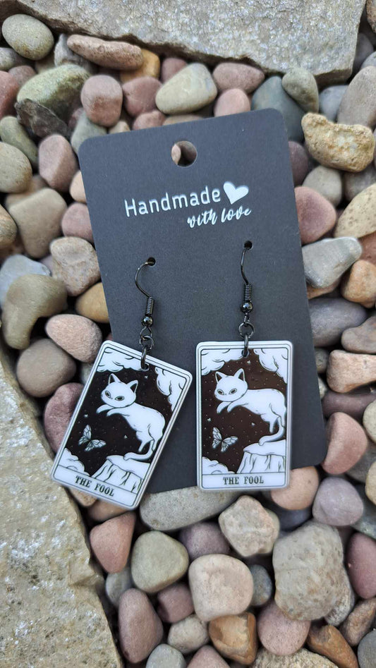 Acrylic Tarot Cat "The Fool" Card Dangle Earrings