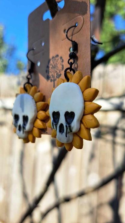 Polymer Clay Sunflower Crying Skull Dangle Earrings