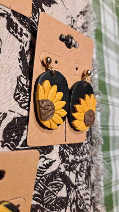 Sunflower Oblong Polymer Clay Dangle Earrings