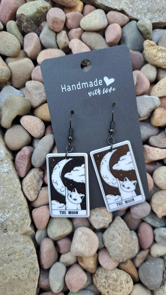 Acrylic Tarot Cat "The Moon" Card Dangle Earrings