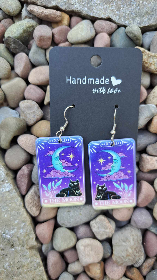 Acrylic Tarot Cat "The Moon" Card Dangle Earrings (Colorful)