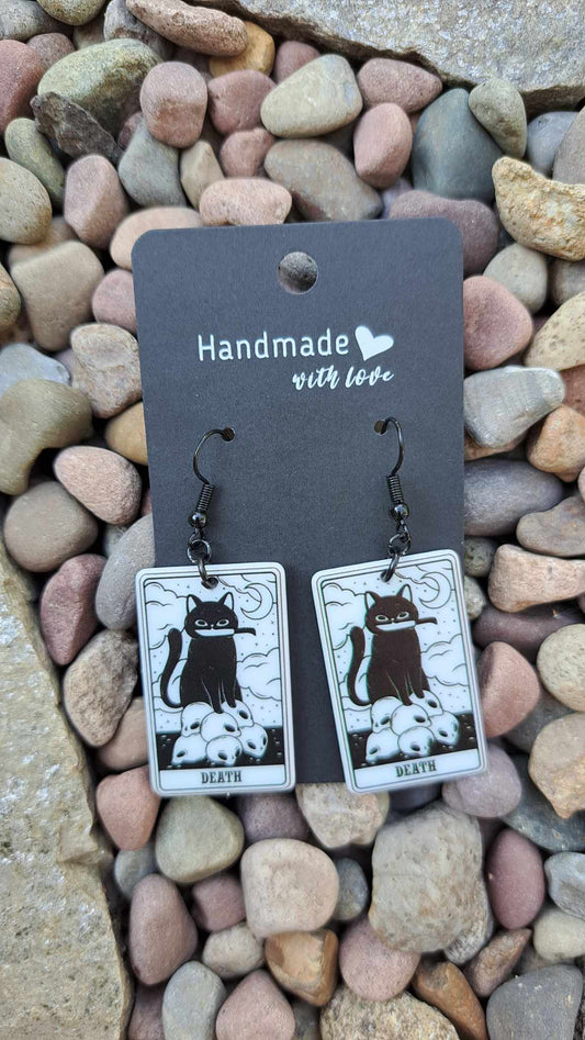 Acrylic Tarot Cat "Death" Card Dangle Earrings