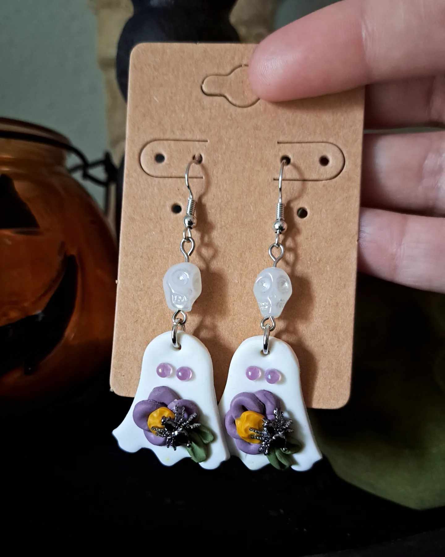 Polymer Clay *Ghost with Purple Flower* Dangling Earring