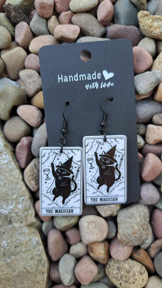 Acrylic Tarot Cat "The Magician" Card Dangle Earrings