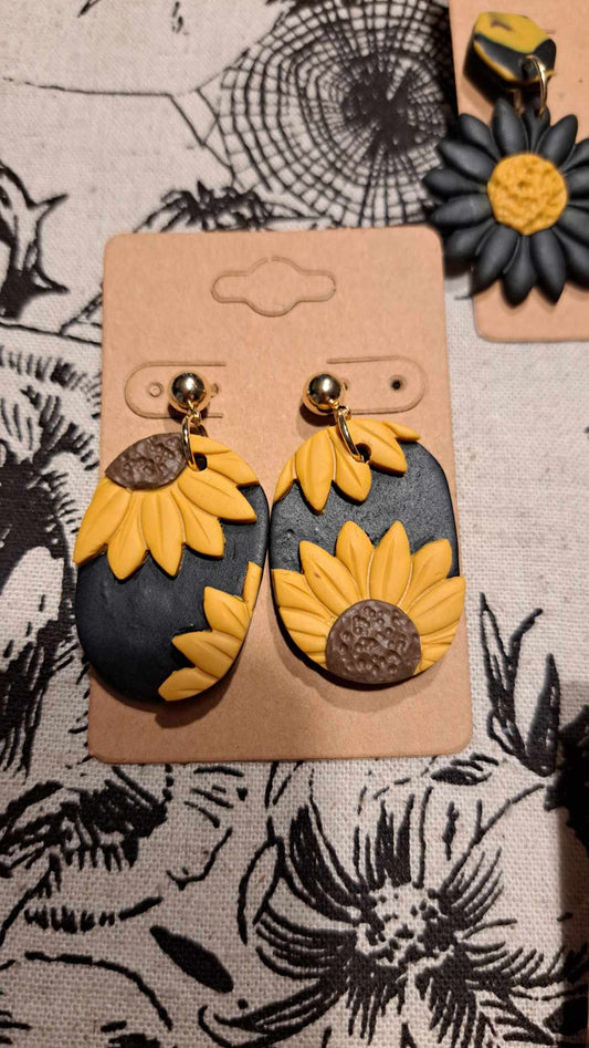 Sunflower Oblong Polymer Clay Dangle Earrings