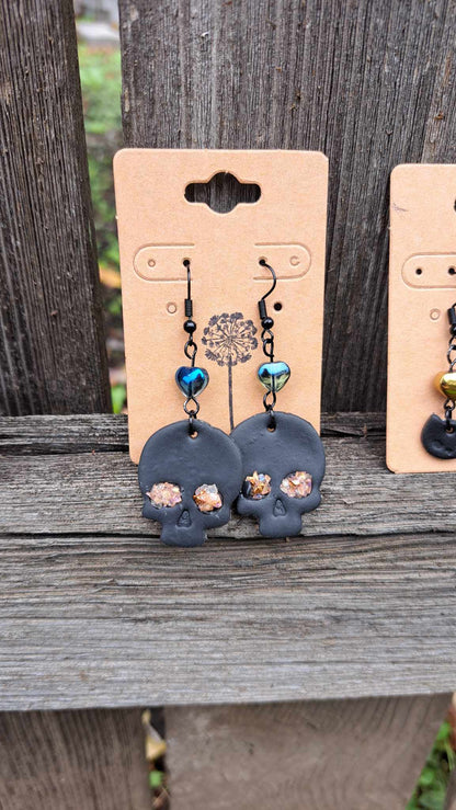 Polymer Clay Skull with Blue Dangle Earrings