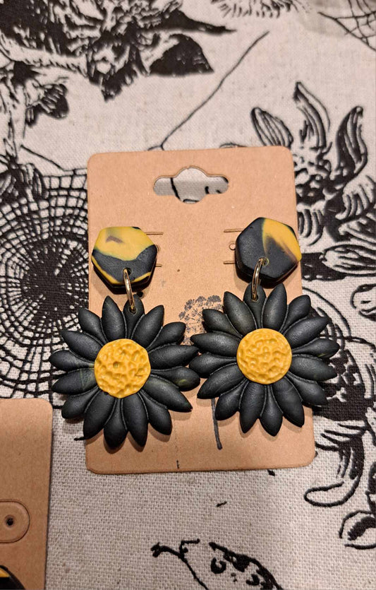 "Black Sunflower" Polymer Clay Dangle Earrings