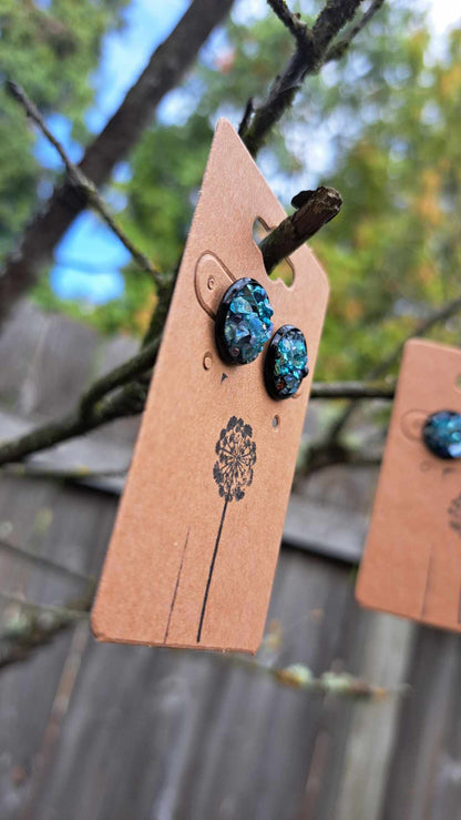 Round Bezel Style Gravel "Teal Bubbles" Earrings