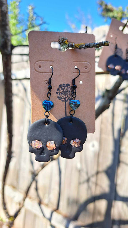 Polymer Clay Skull with Blue Dangle Earrings