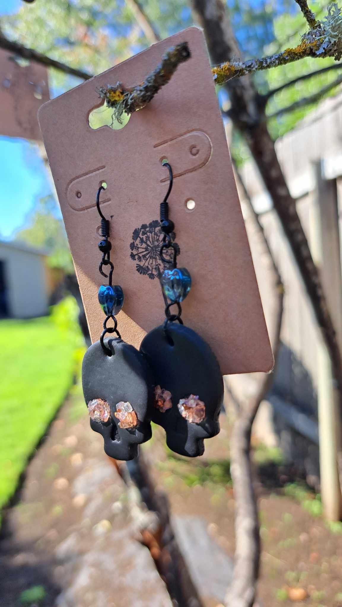 Polymer Clay Skull with Blue Dangle Earrings