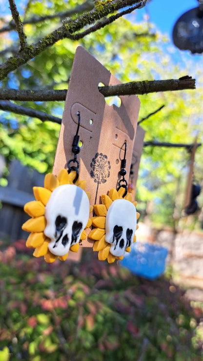 Polymer Clay Sunflower Crying Skull Dangle Earrings