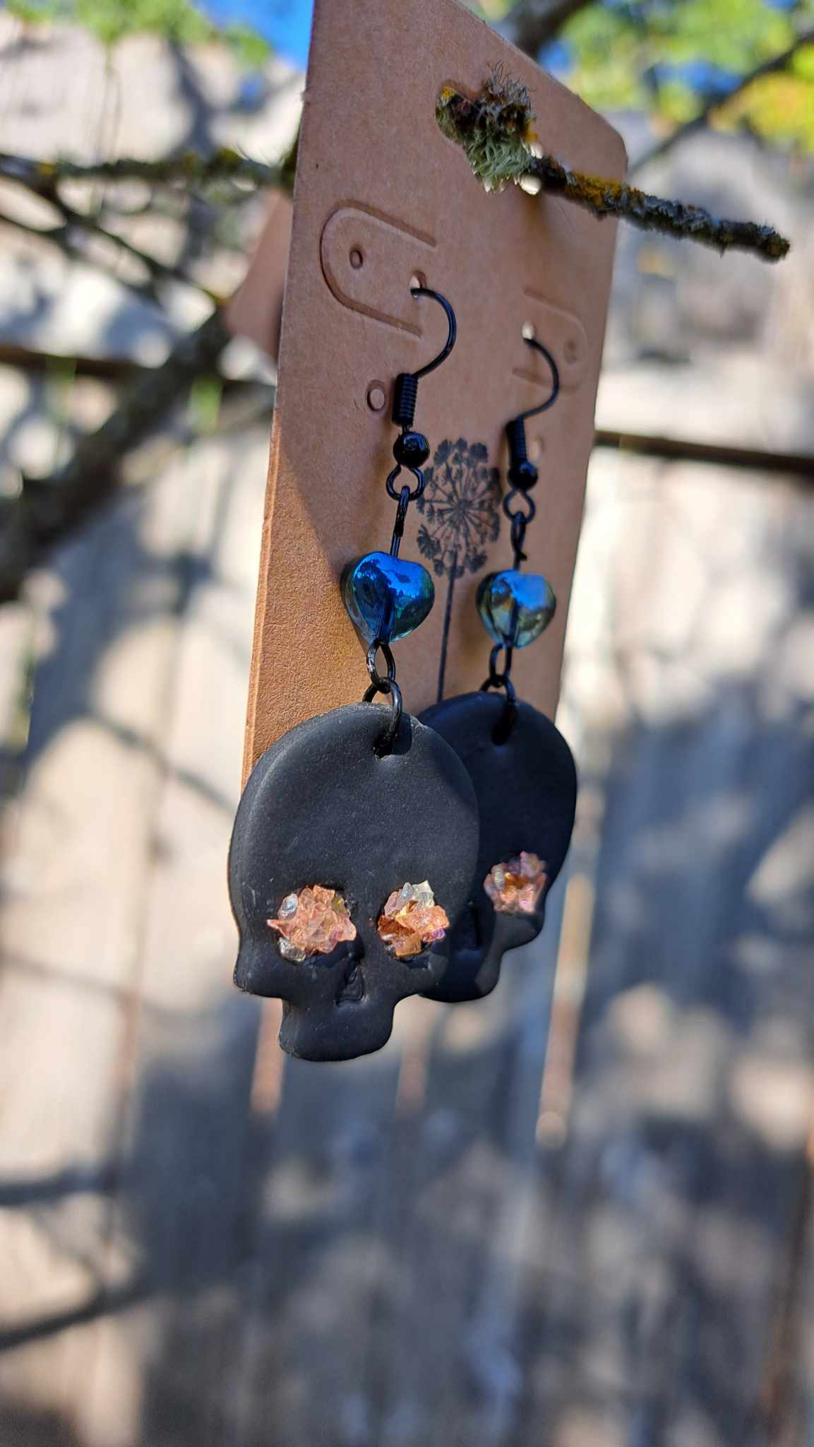 Polymer Clay Skull with Blue Dangle Earrings