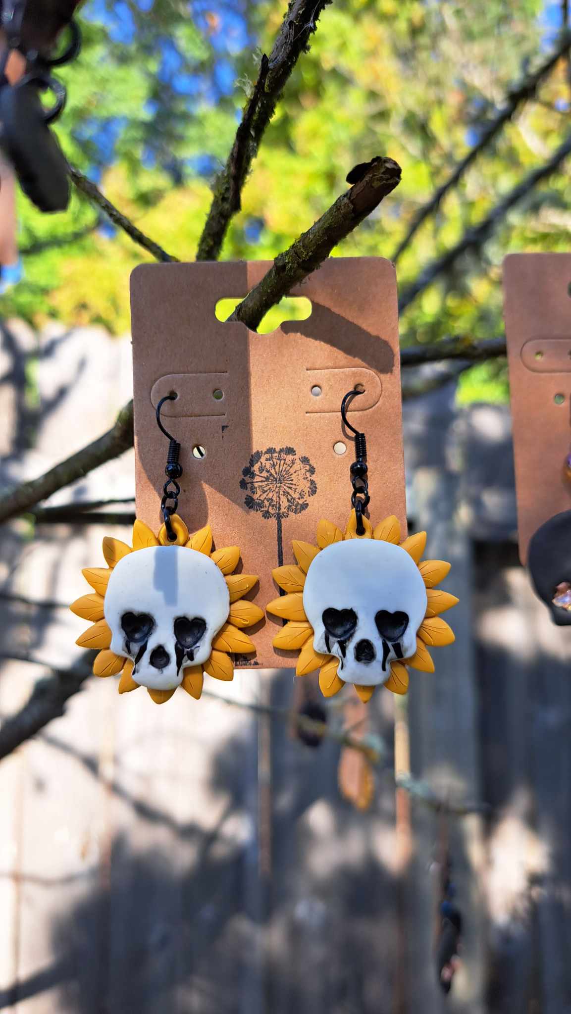 Polymer Clay Sunflower Crying Skull Dangle Earrings