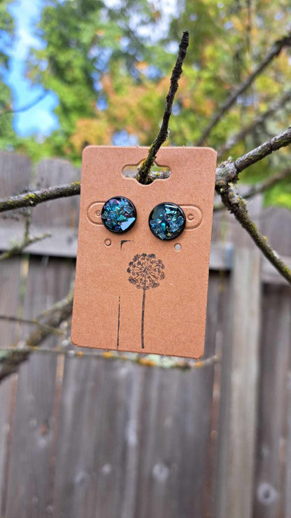 Round Bezel Style Gravel "Teal Bubbles" Earrings