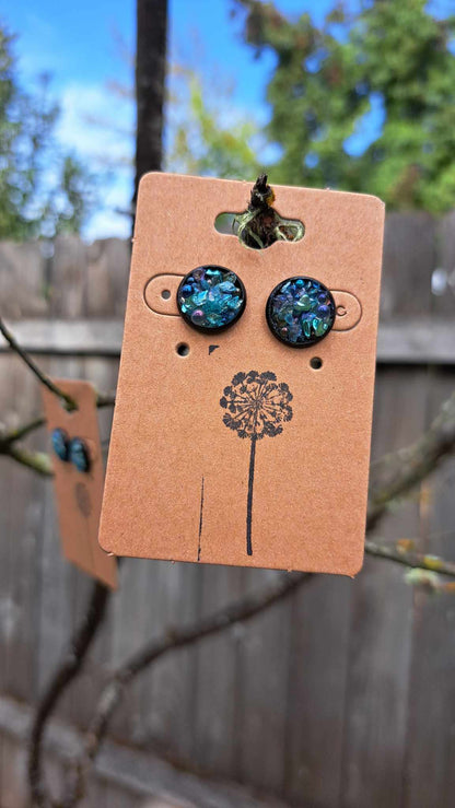 Round Bezel Style Gravel "Teal Bubbles" Earrings