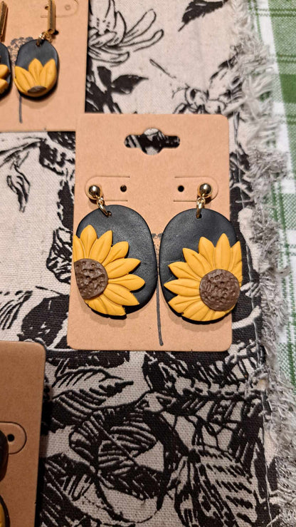 Sunflower Oblong Polymer Clay Dangle Earrings